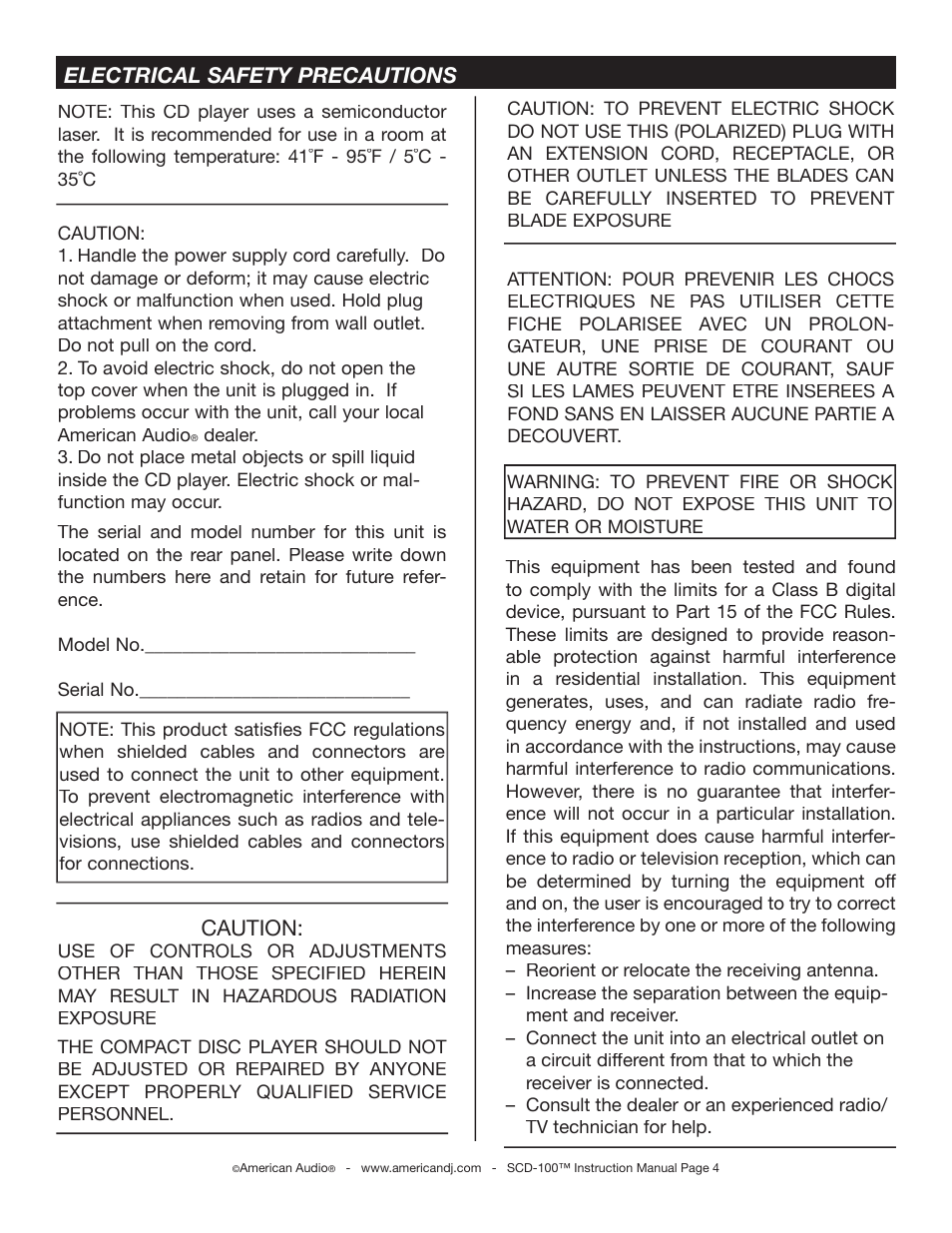 Caution, Electrical safety precautions | American Audio SCD-100 User Manual | Page 4 / 24