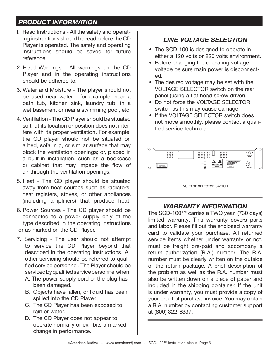 Product information line voltage selection, Warranty information | American Audio SCD-100 User Manual | Page 6 / 24