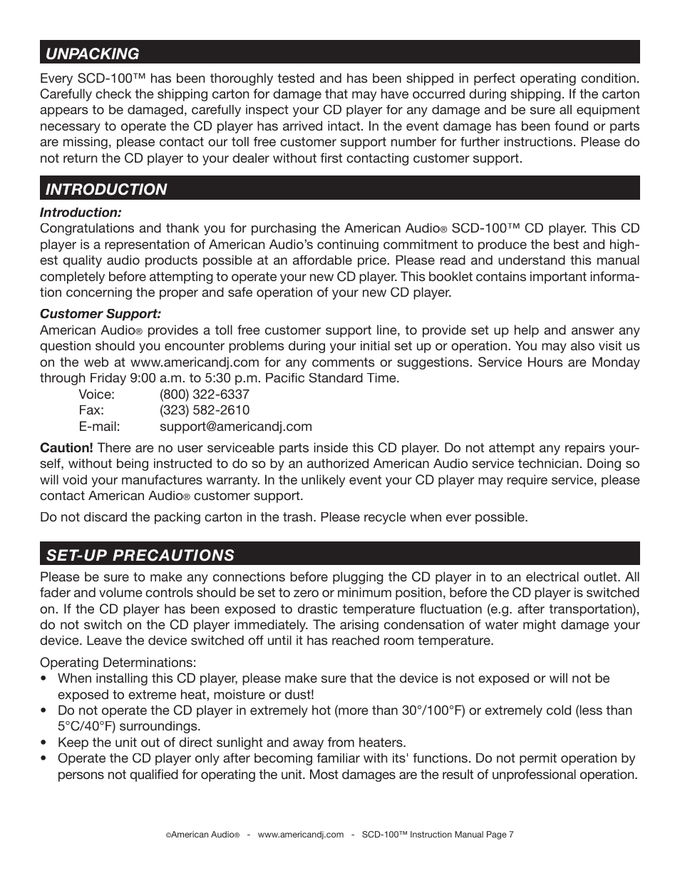 Introduction unpacking, Set-up precautions | American Audio SCD-100 User Manual | Page 7 / 24