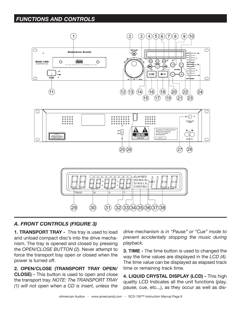 Functions and controls, A. front controls (figure 3) | American Audio SCD-100 User Manual | Page 9 / 24