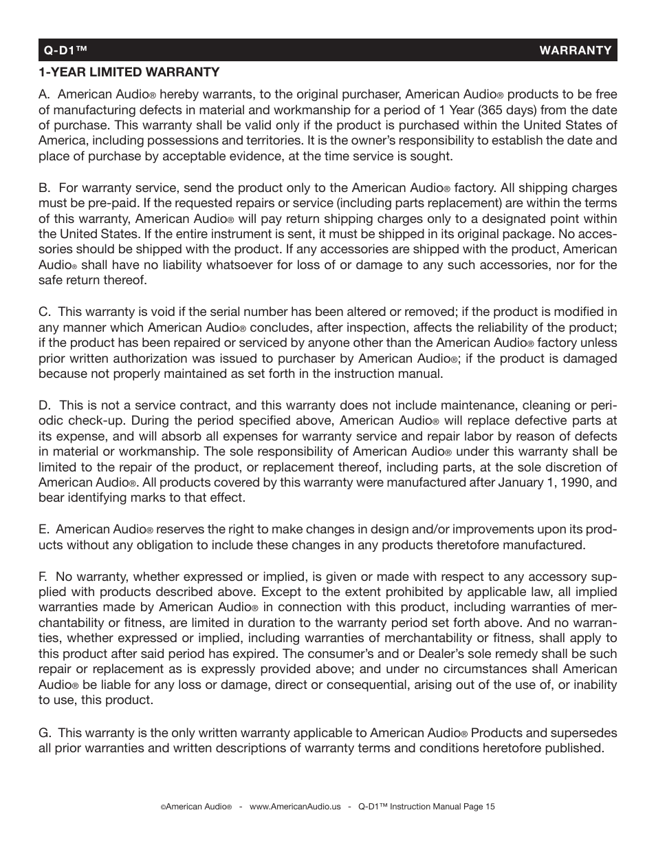 American Audio Q-D1 User Manual | Page 15 / 17
