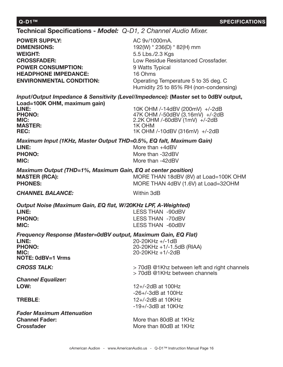 American Audio Q-D1 User Manual | Page 16 / 17