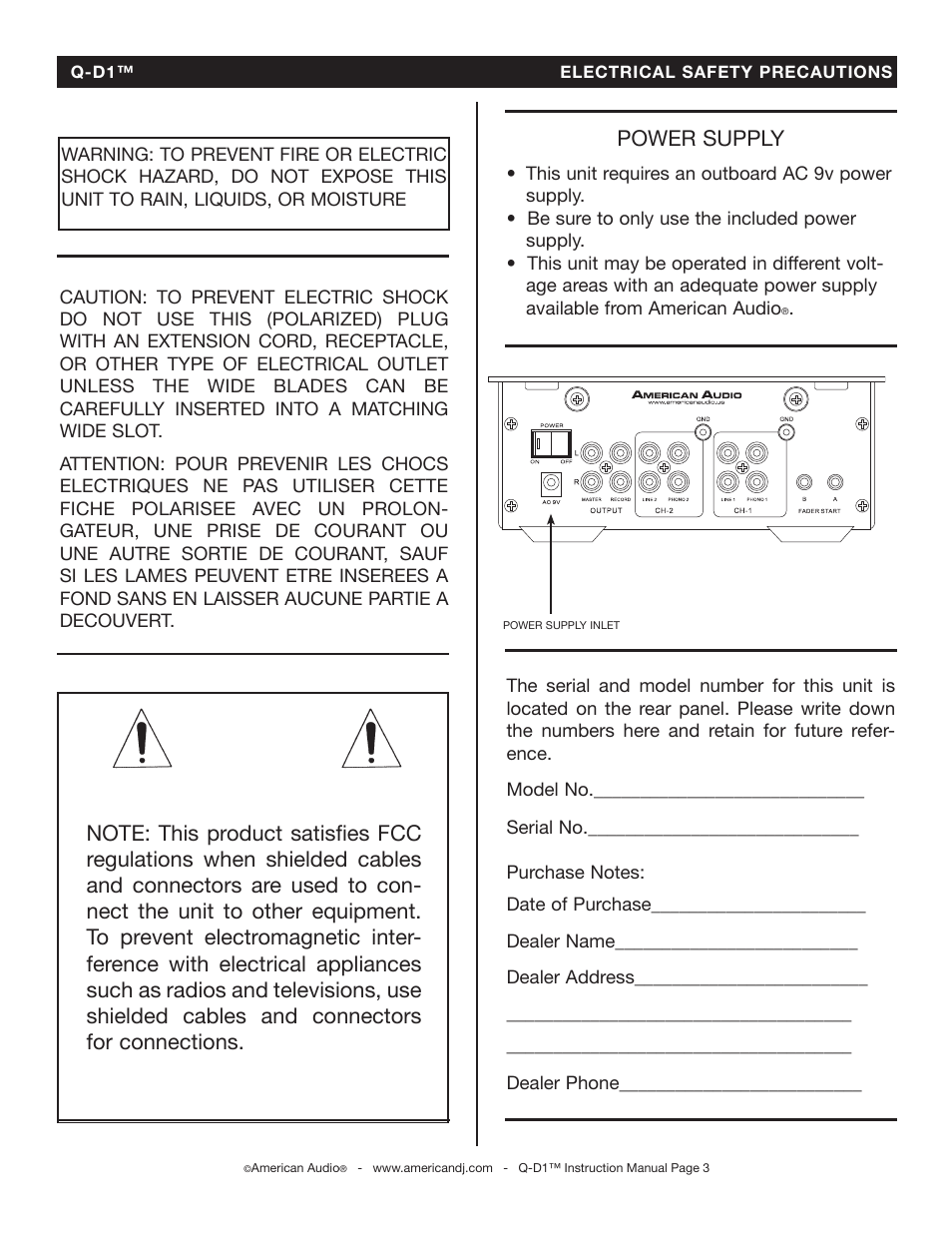 Power supply | American Audio Q-D1 User Manual | Page 3 / 17