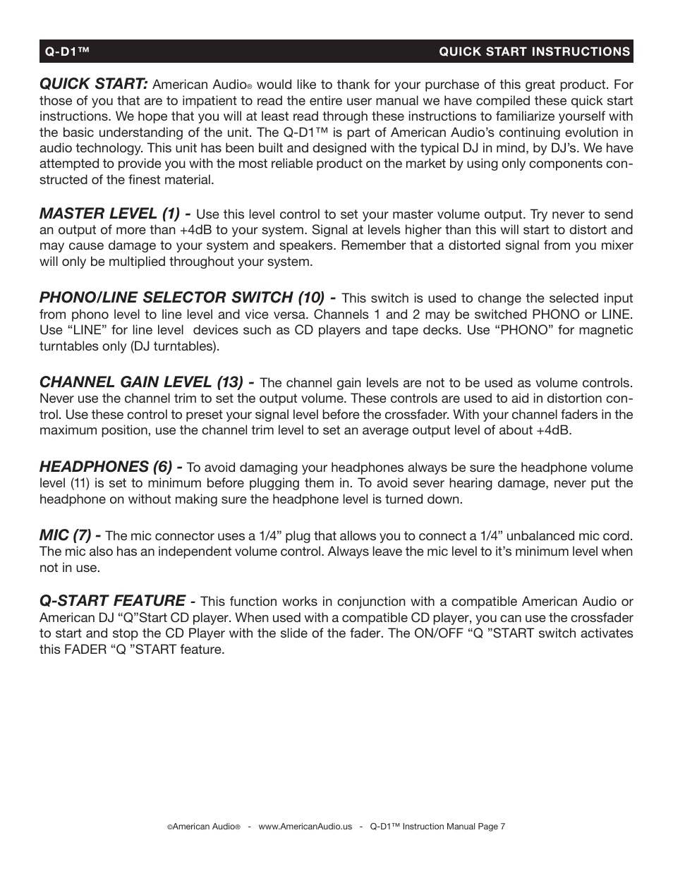 Quick start, Master level (1), Phono/line selector switch (10) | Channel gain level (13), Headphones (6), Mic (7), Q-start feature | American Audio Q-D1 User Manual | Page 7 / 17