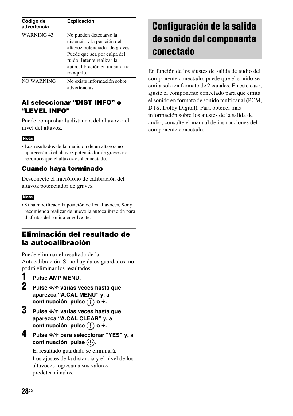 Configuración de la salida de sonido del, Componente conectado | Sony HT-IS100 User Manual | Page 114 / 172