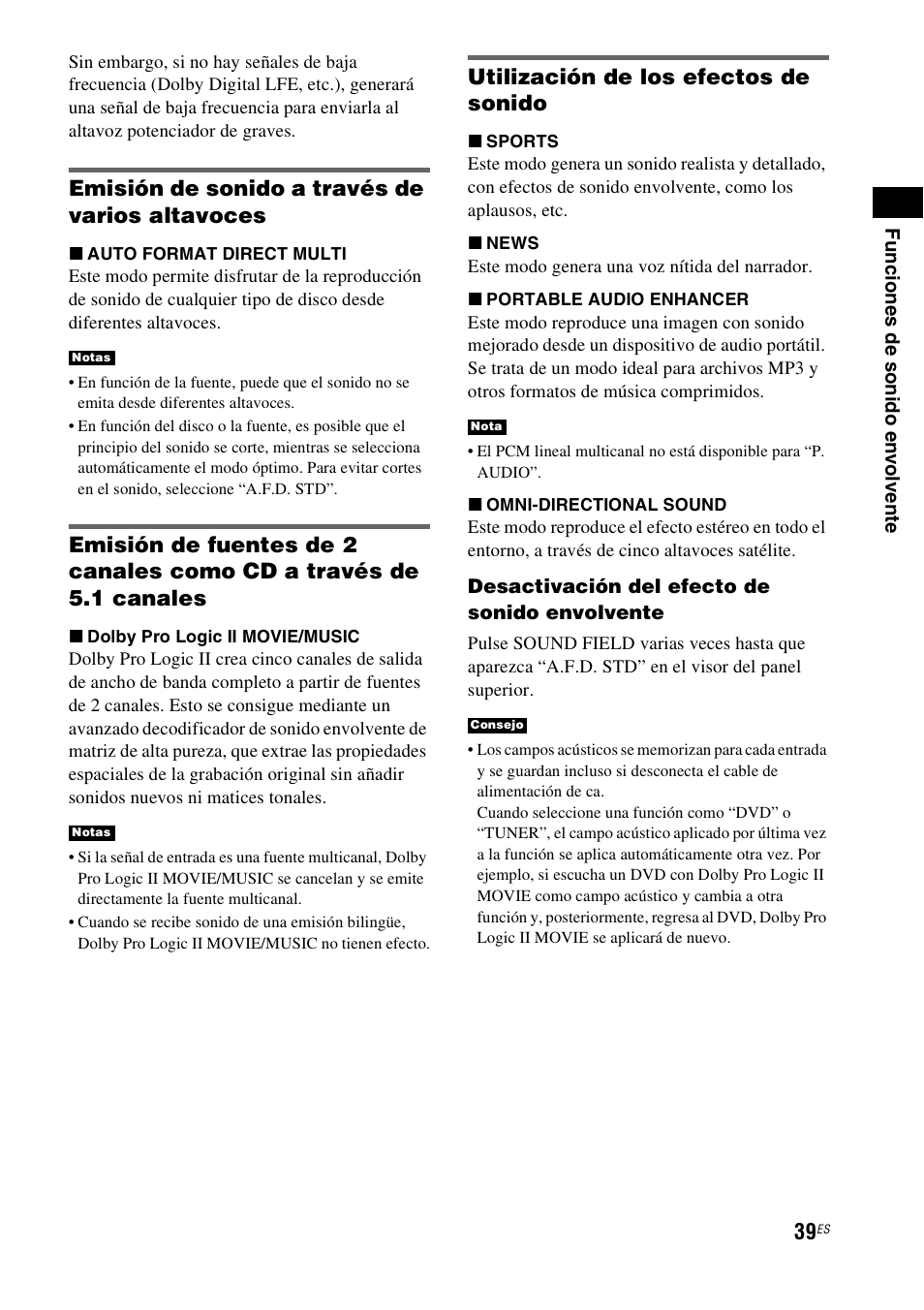 Emisión de sonido a través de varios altavoces, Utilización de los efectos de sonido | Sony HT-IS100 User Manual | Page 125 / 172