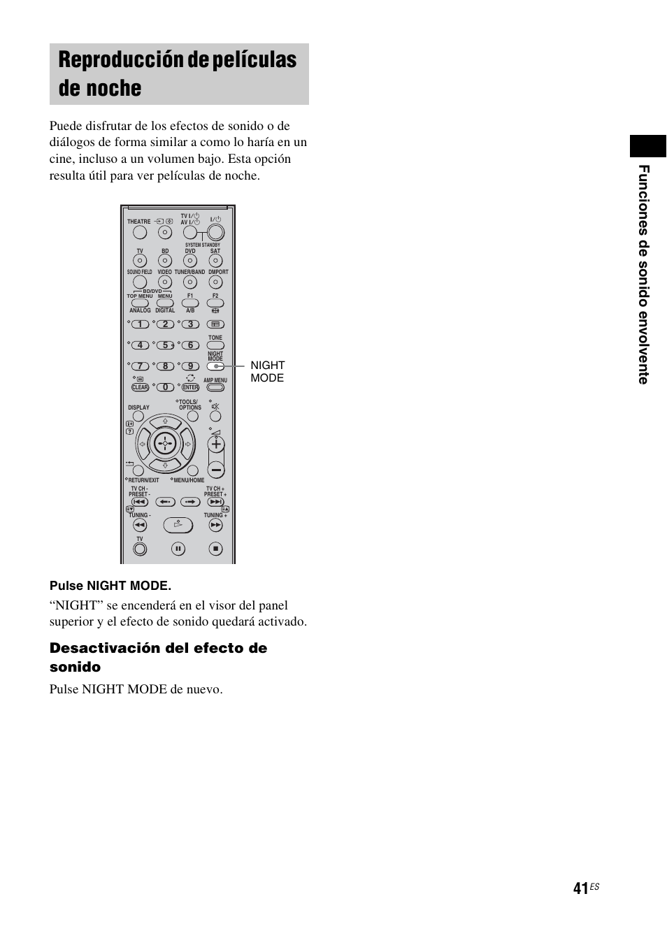 Reproducción de películas de noche, Desactivación del efecto de sonido, Pulse night mode de nuevo | Pulse night mode | Sony HT-IS100 User Manual | Page 127 / 172