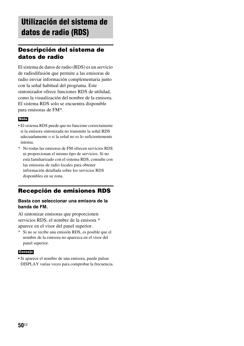 Utilización del sistema de datos de radio (rds), Utilización del sistema de datos de radio, Rds) | Descripción del sistema de datos de radio, Recepción de emisiones rds | Sony HT-IS100 User Manual | Page 136 / 172