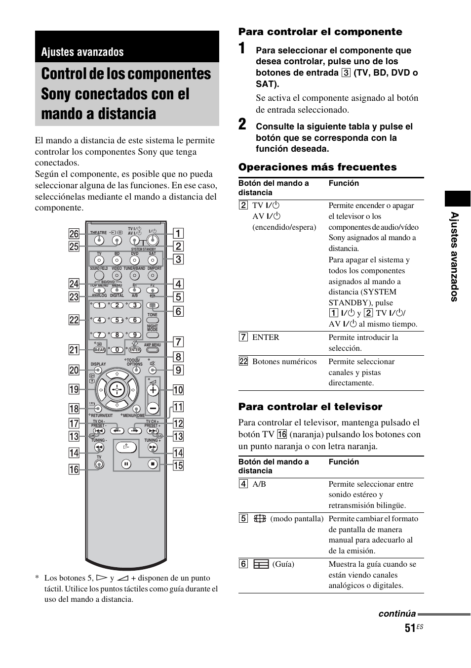 Ajustes avanzados, Control de los componentes sony, Conectados con el mando a distancia | Para controlar el componente, Tv, bd, dvd o sat), Continúa | Sony HT-IS100 User Manual | Page 137 / 172