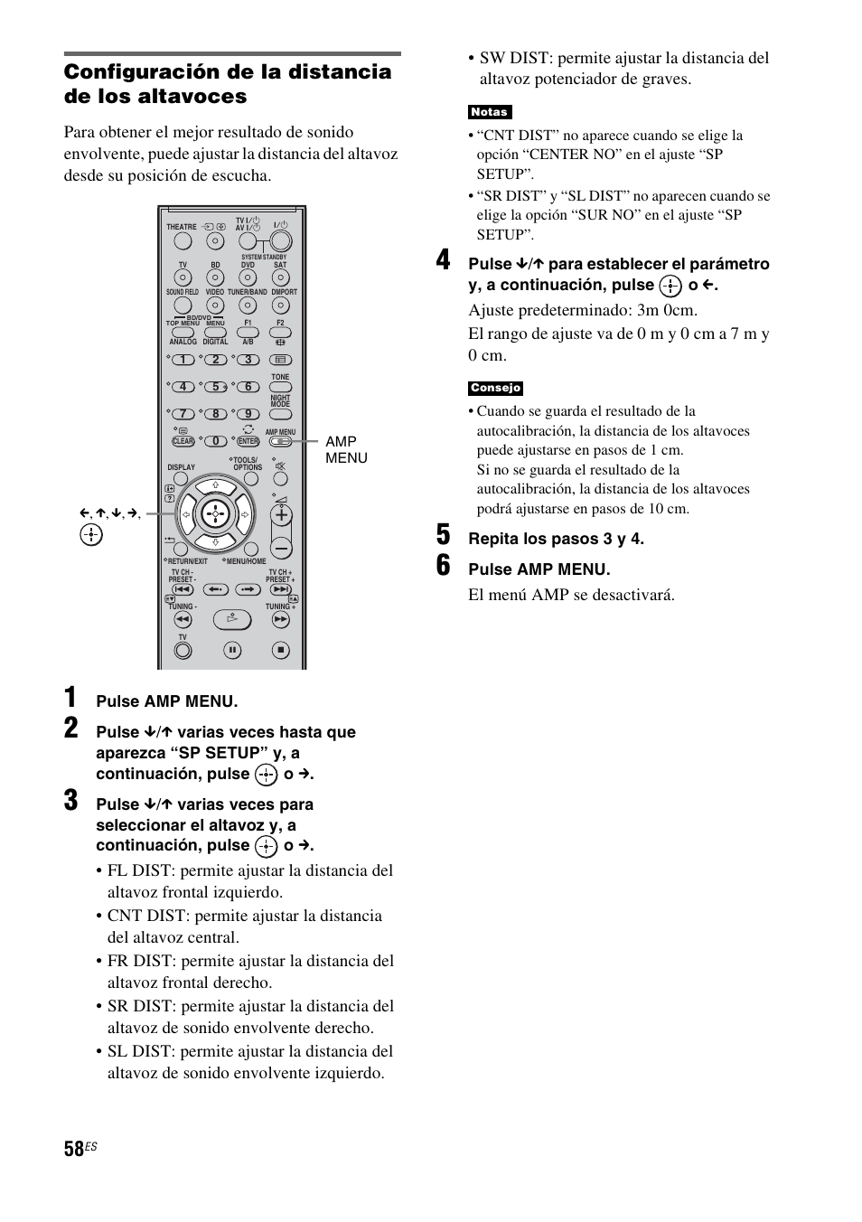 Configuración de la distancia de los altavoces, El menú amp se desactivará | Sony HT-IS100 User Manual | Page 144 / 172