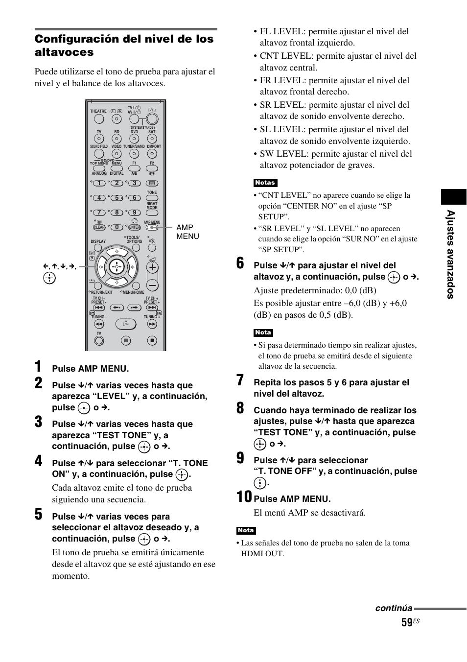 Configuración del nivel de los altavoces, El menú amp se desactivará | Sony HT-IS100 User Manual | Page 145 / 172