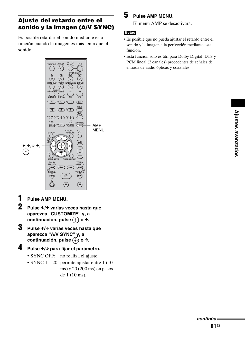 El menú amp se desactivará, Pulse amp menu, Pulse | Pulse x / x para fijar el parámetro, Continúa | Sony HT-IS100 User Manual | Page 147 / 172