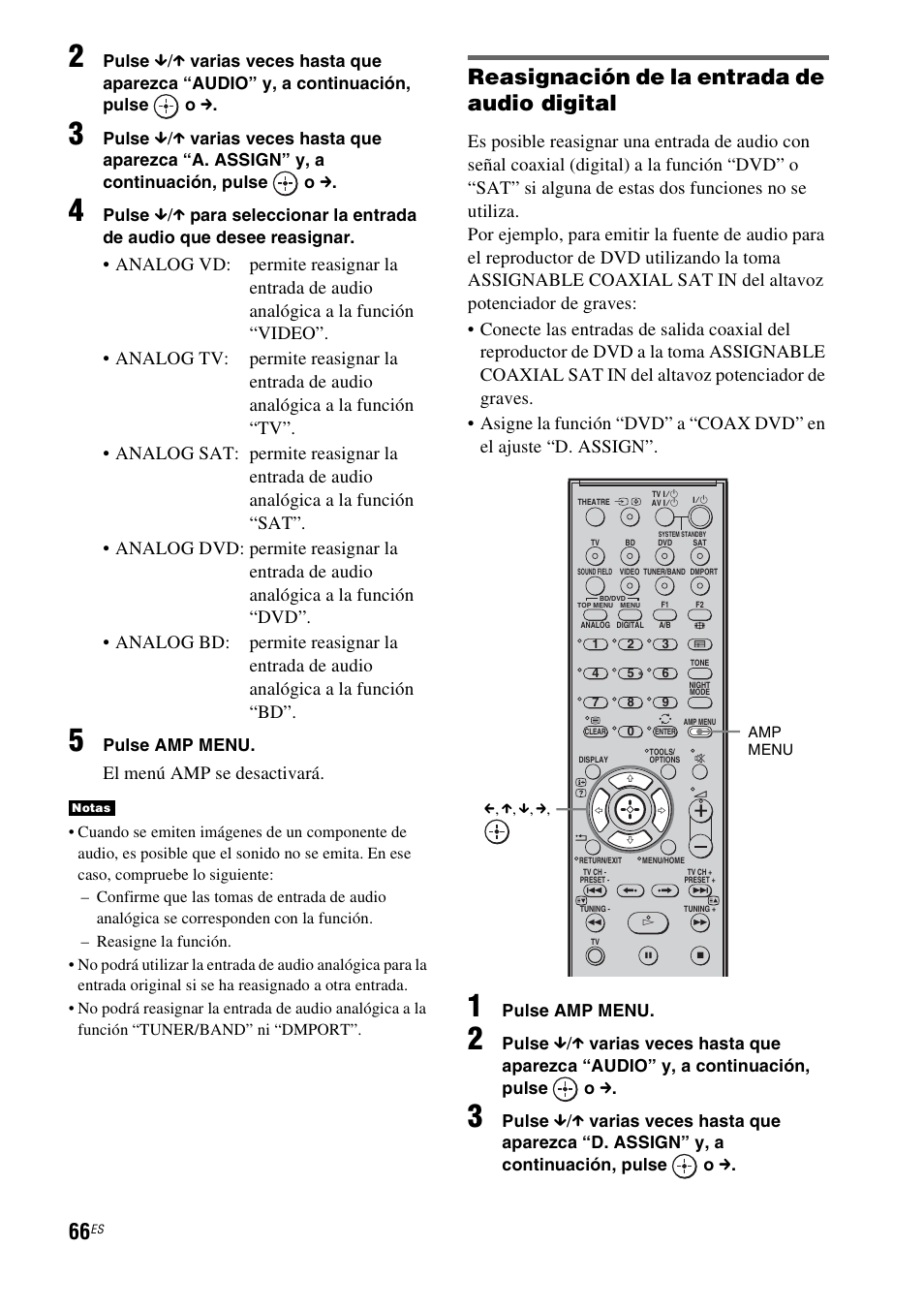 Reasignación de la entrada de audio digital, El menú amp se desactivará | Sony HT-IS100 User Manual | Page 152 / 172