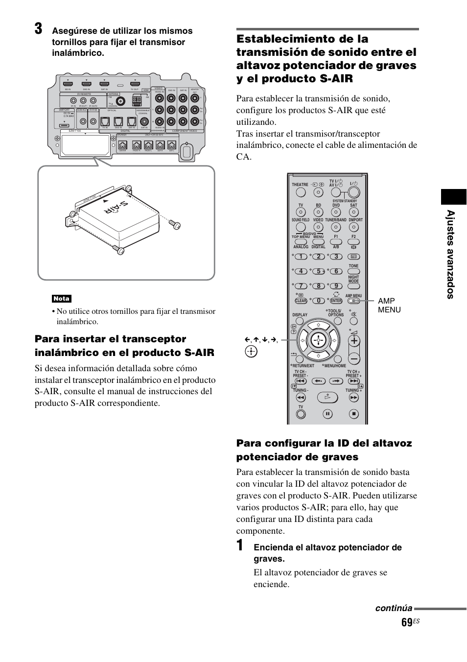 El altavoz potenciador de graves se enciende, Encienda el altavoz potenciador de graves, Continúa | Amp menu c, x, x, c | Sony HT-IS100 User Manual | Page 155 / 172