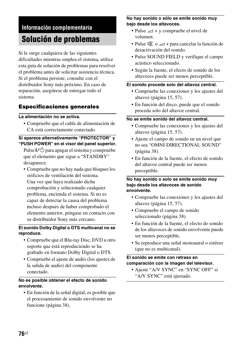 Información complementaria, Solución de problemas | Sony HT-IS100 User Manual | Page 162 / 172