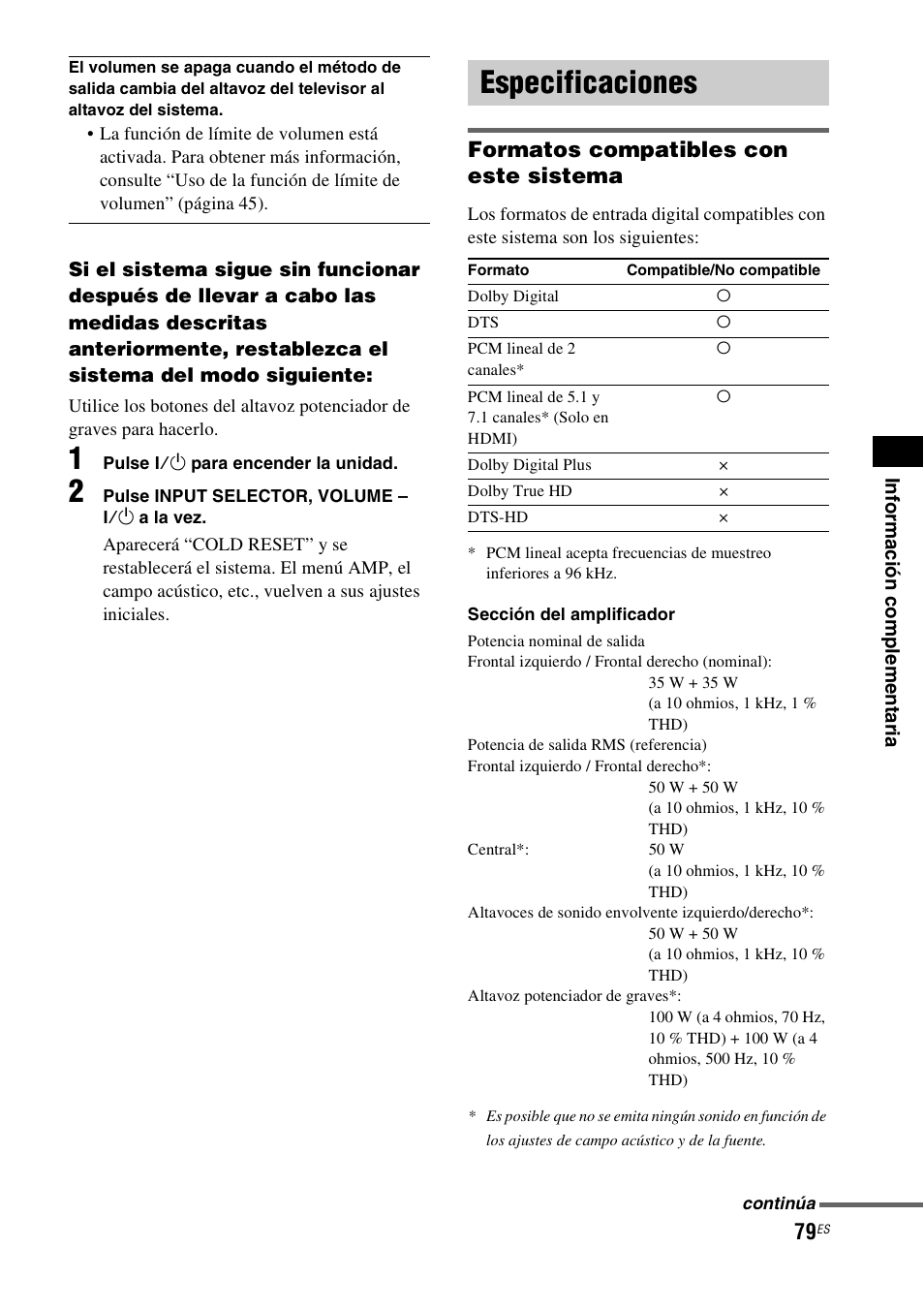 Especificaciones, Formatos compatibles con este sistema | Sony HT-IS100 User Manual | Page 165 / 172
