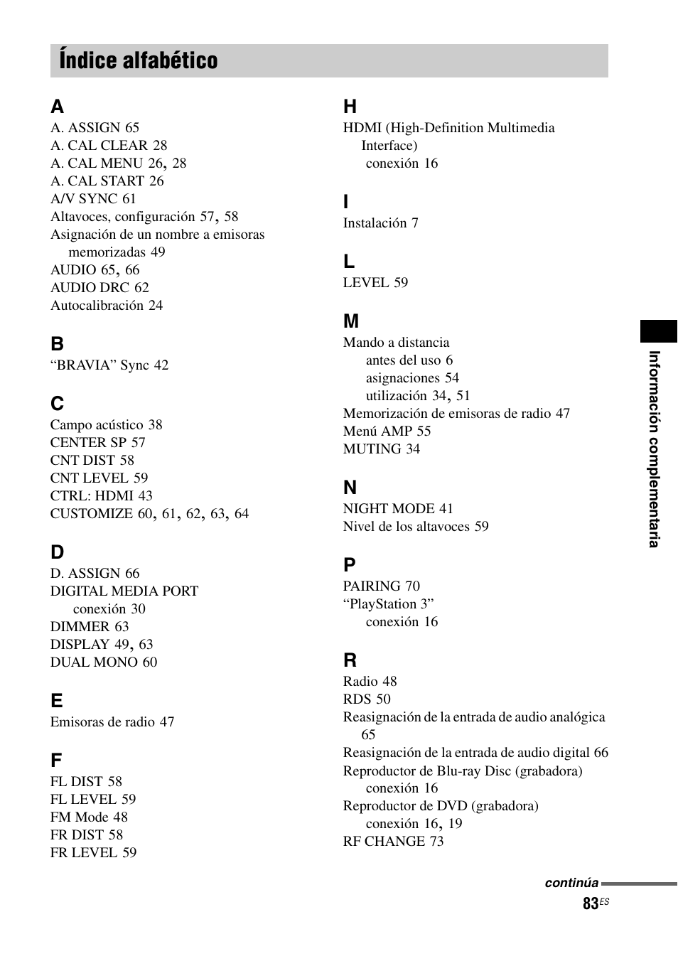 Índice alfabético | Sony HT-IS100 User Manual | Page 169 / 172