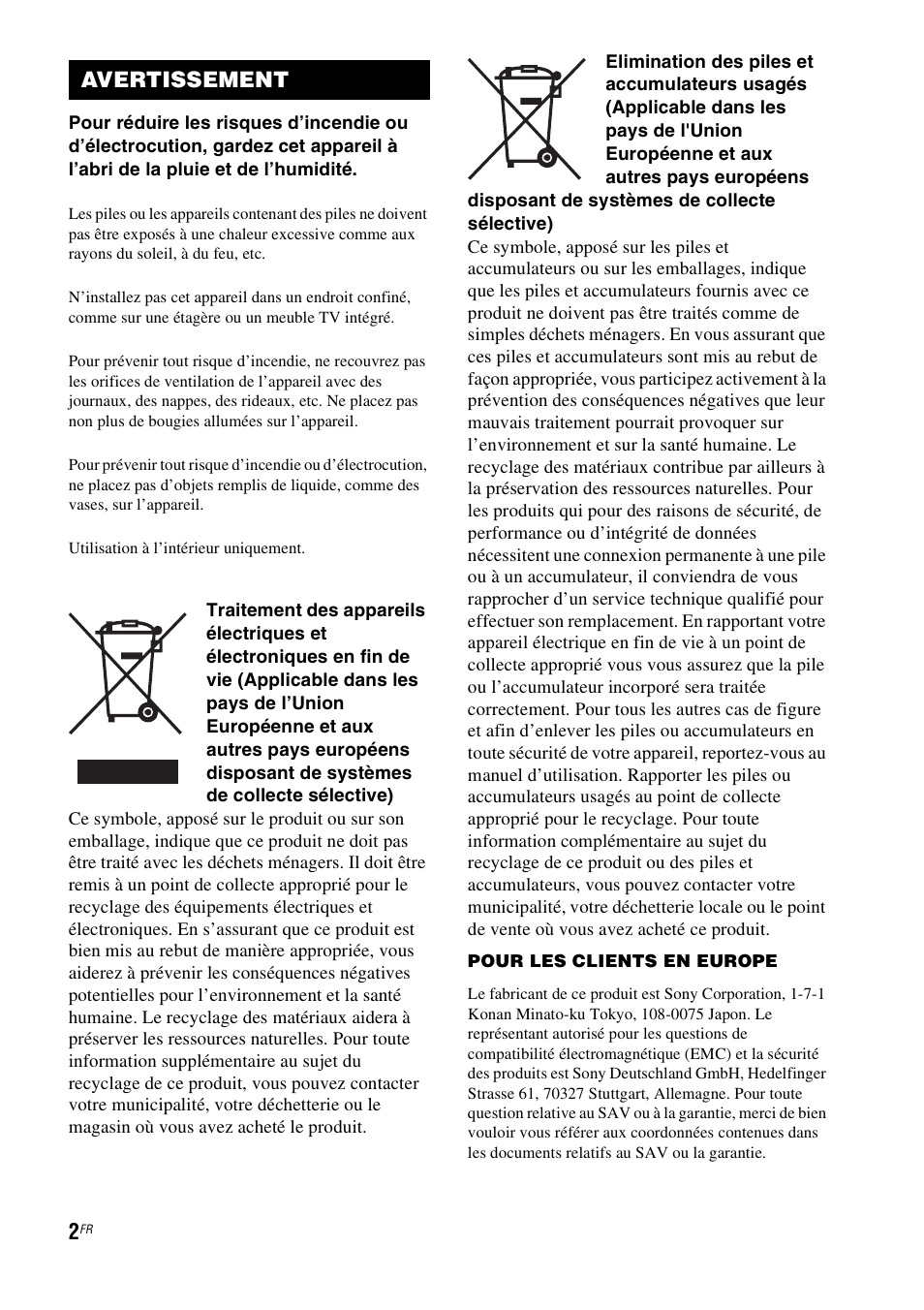 Avertissement | Sony HT-IS100 User Manual | Page 2 / 172