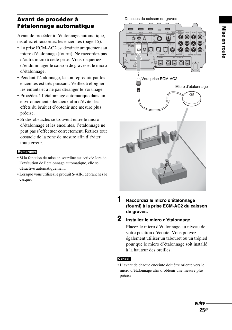 Avant de procéder à l’étalonnage automatique, Installez le micro d’étalonnage, Suite | Sony HT-IS100 User Manual | Page 25 / 172