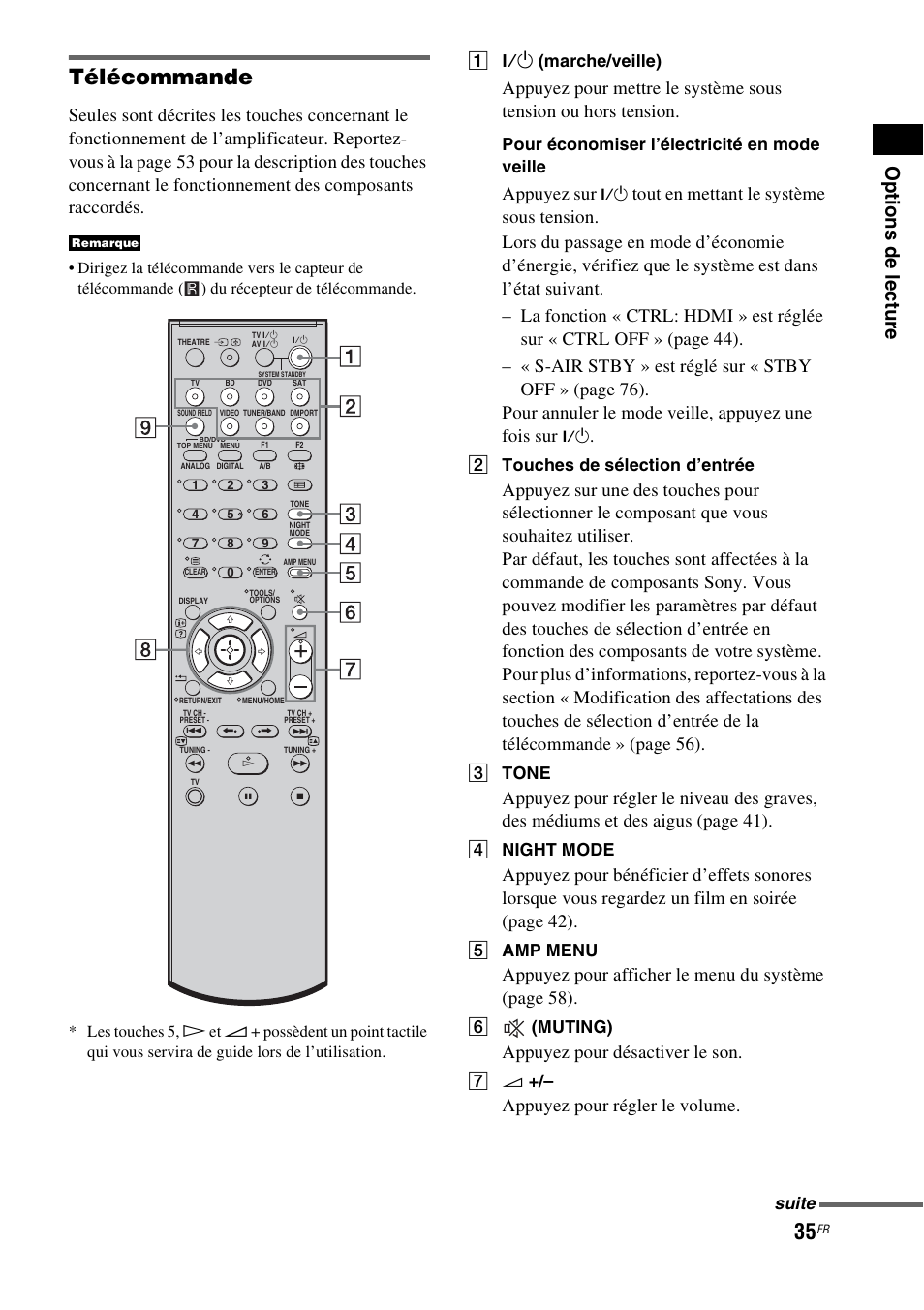 Télécommande, Op tions de lectu re, Appuyez sur | Appuyez pour afficher le menu du système (page 58), Appuyez pour désactiver le son, Appuyez pour régler le volume, A ?/1 (marche/veille), Pour économiser l’électricité en mode veille, B touches de sélection d’entrée, C tone | Sony HT-IS100 User Manual | Page 35 / 172