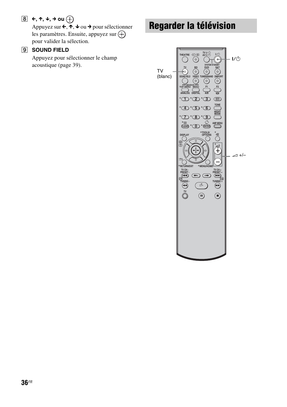 Regarder la télévision, H c , x , x , c ou, I sound field | 1 2 +/– tv (blanc) | Sony HT-IS100 User Manual | Page 36 / 172