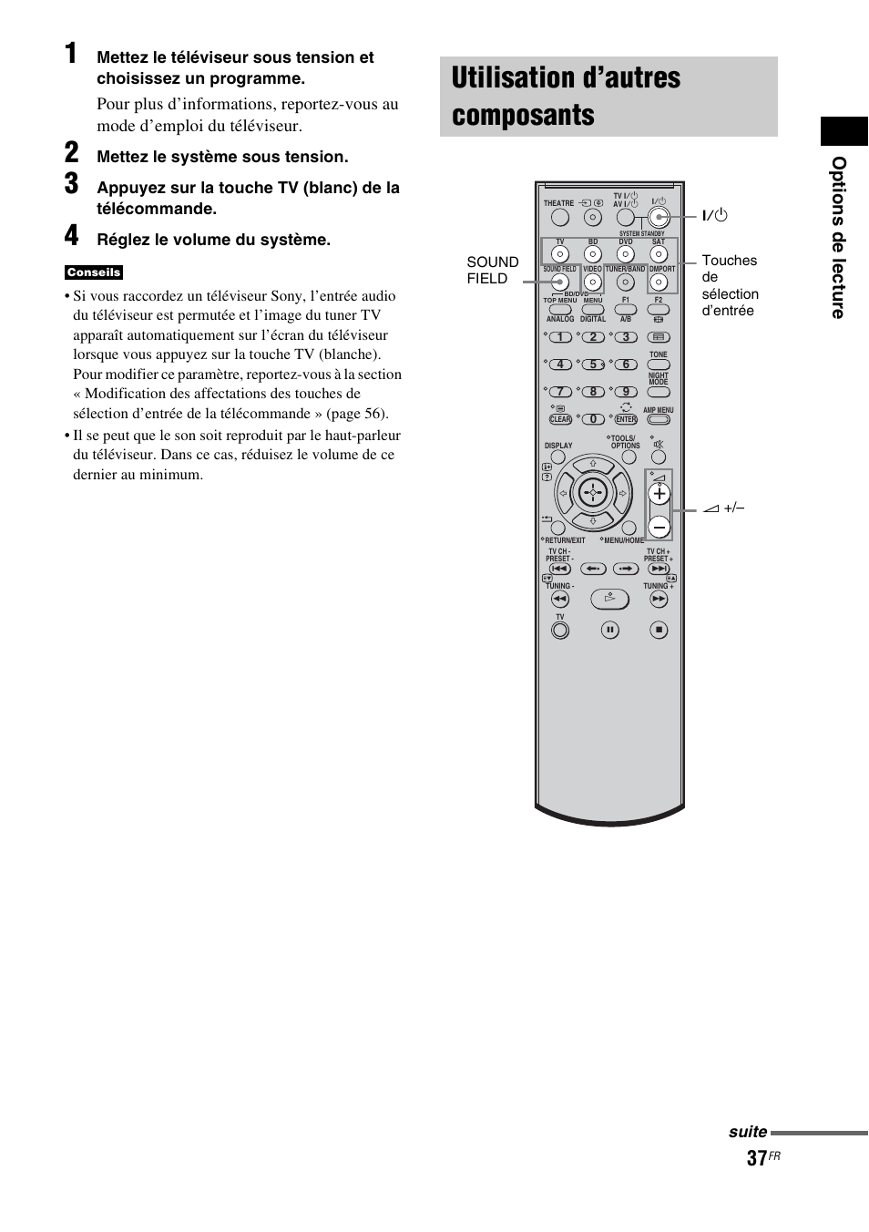 Utilisation d’autres composants, Op tions de lectu re, Mettez le système sous tension | Réglez le volume du système, Suite | Sony HT-IS100 User Manual | Page 37 / 172