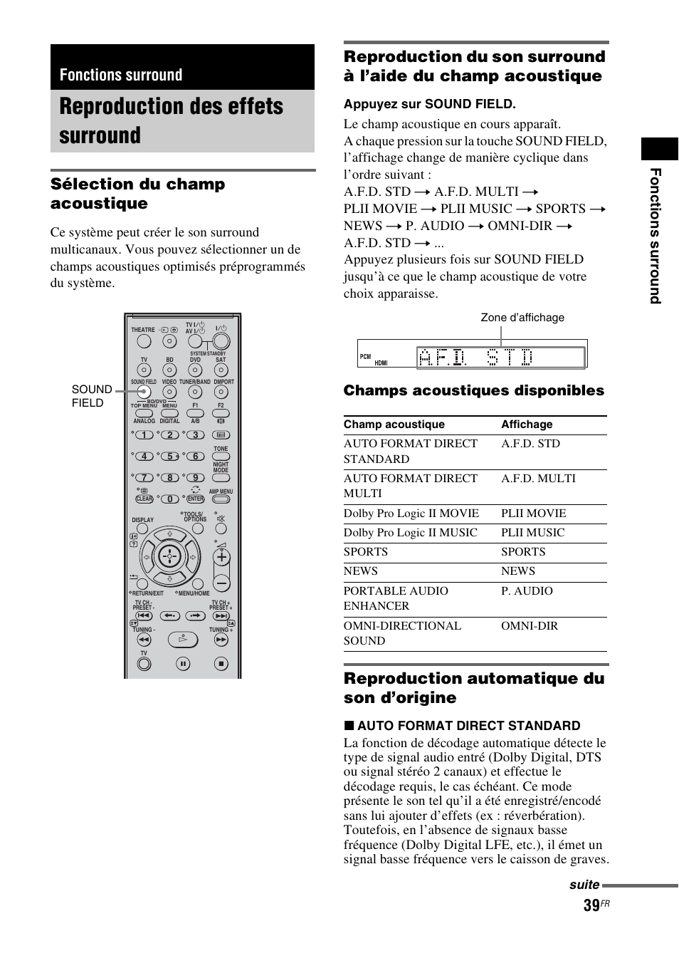 Fonctions surround, Reproduction des effets surround, Sélection du champ acoustique | Reproduction automatique du son d’origine, Foncti ons surr o und, Champs acoustiques disponibles, Appuyez sur sound field, X auto format direct standard, Suite | Sony HT-IS100 User Manual | Page 39 / 172