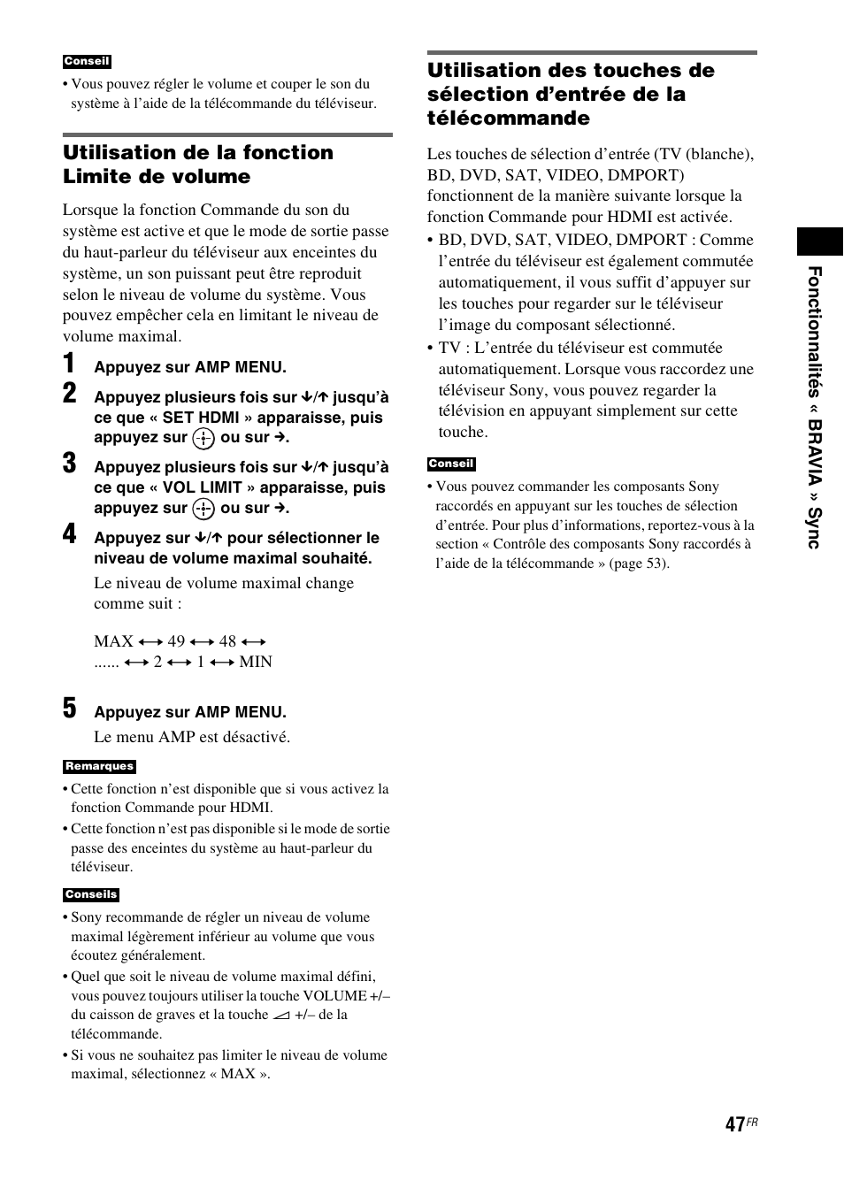 Utilisation de la fonction limite de volume | Sony HT-IS100 User Manual | Page 47 / 172