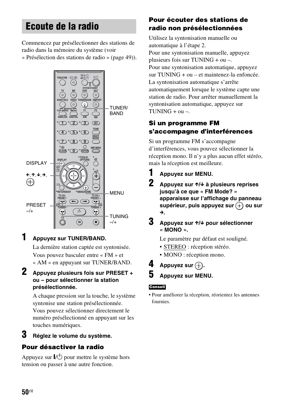 Ecoute de la radio, Ono (50), Pour désactiver la radio | Si un programme fm s’accompagne d’interférences | Sony HT-IS100 User Manual | Page 50 / 172