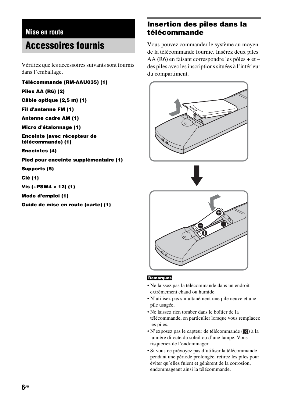 Mise en route, Accessoires fournis, Insertion des piles dans la télécommande | Sony HT-IS100 User Manual | Page 6 / 172