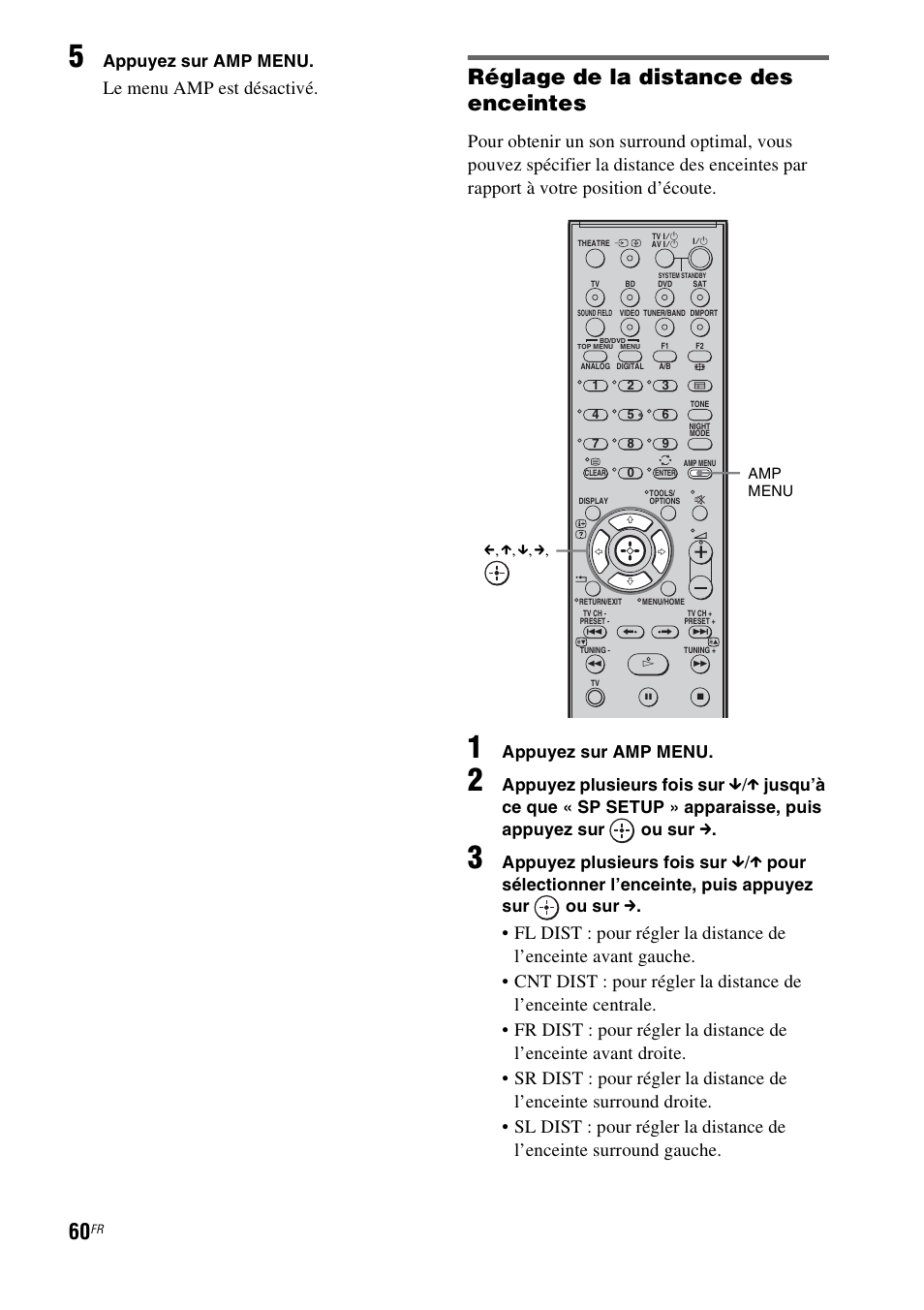 Réglage de la distance des enceintes, Le menu amp est désactivé, Appuyez sur amp menu | Appuyez plusieurs fois sur | Sony HT-IS100 User Manual | Page 60 / 172