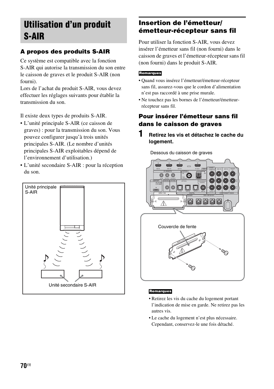Utilisation d’un produit s-air, Utilisation d’un produit, S-air | A propos des produits s-air, Retirez les vis et détachez le cache du logement, Unité principale s-air unité secondaire s-air, Couvercle de fente dessous du caisson de graves | Sony HT-IS100 User Manual | Page 70 / 172