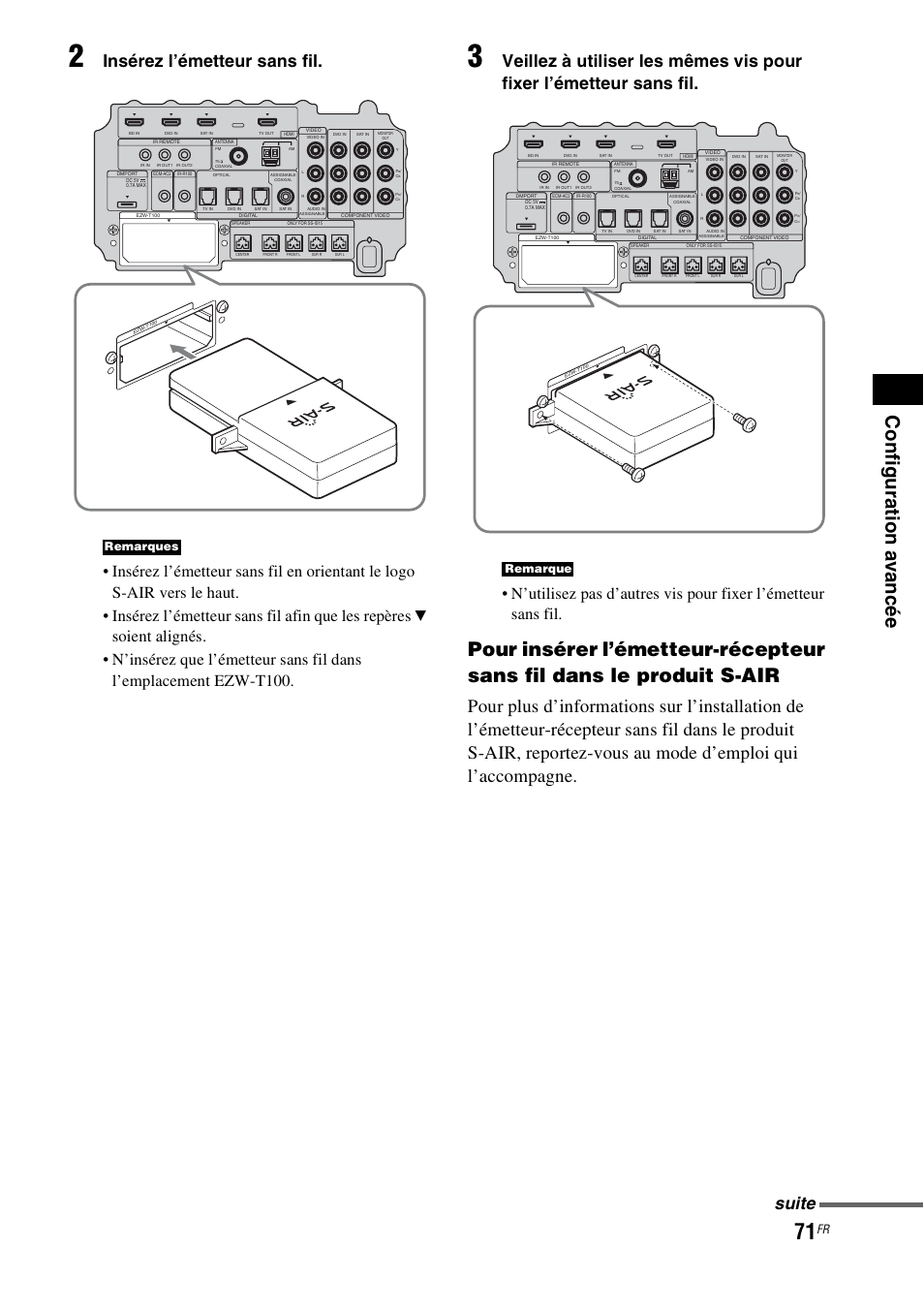 Insérez l’émetteur sans fil, Suite, Remarques | Remarque | Sony HT-IS100 User Manual | Page 71 / 172
