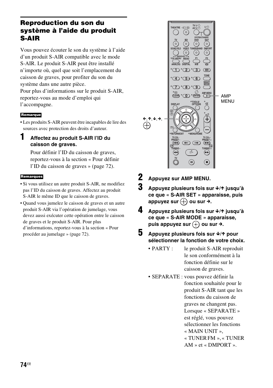 Appuyez sur amp menu, Appuyez plusieurs fois sur, X pour sélectionner la fonction de votre choix | Sony HT-IS100 User Manual | Page 74 / 172