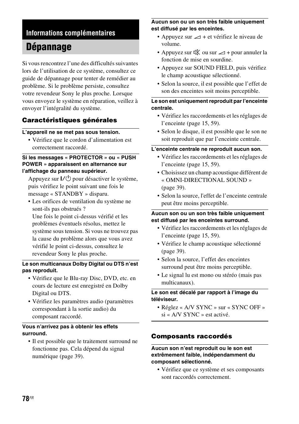 Informations complémentaires, Dépannage | Sony HT-IS100 User Manual | Page 78 / 172