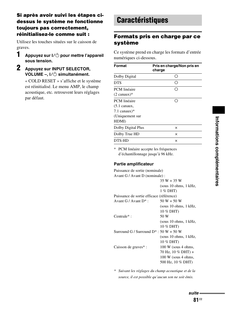 Caractéristiques, Formats pris en charge par ce système | Sony HT-IS100 User Manual | Page 81 / 172