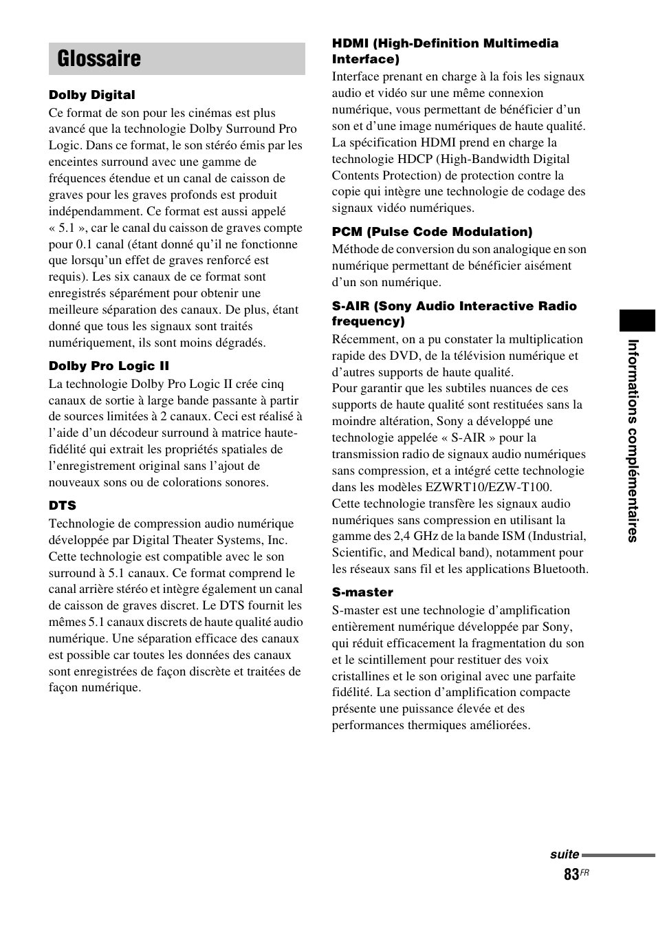Glossaire | Sony HT-IS100 User Manual | Page 83 / 172