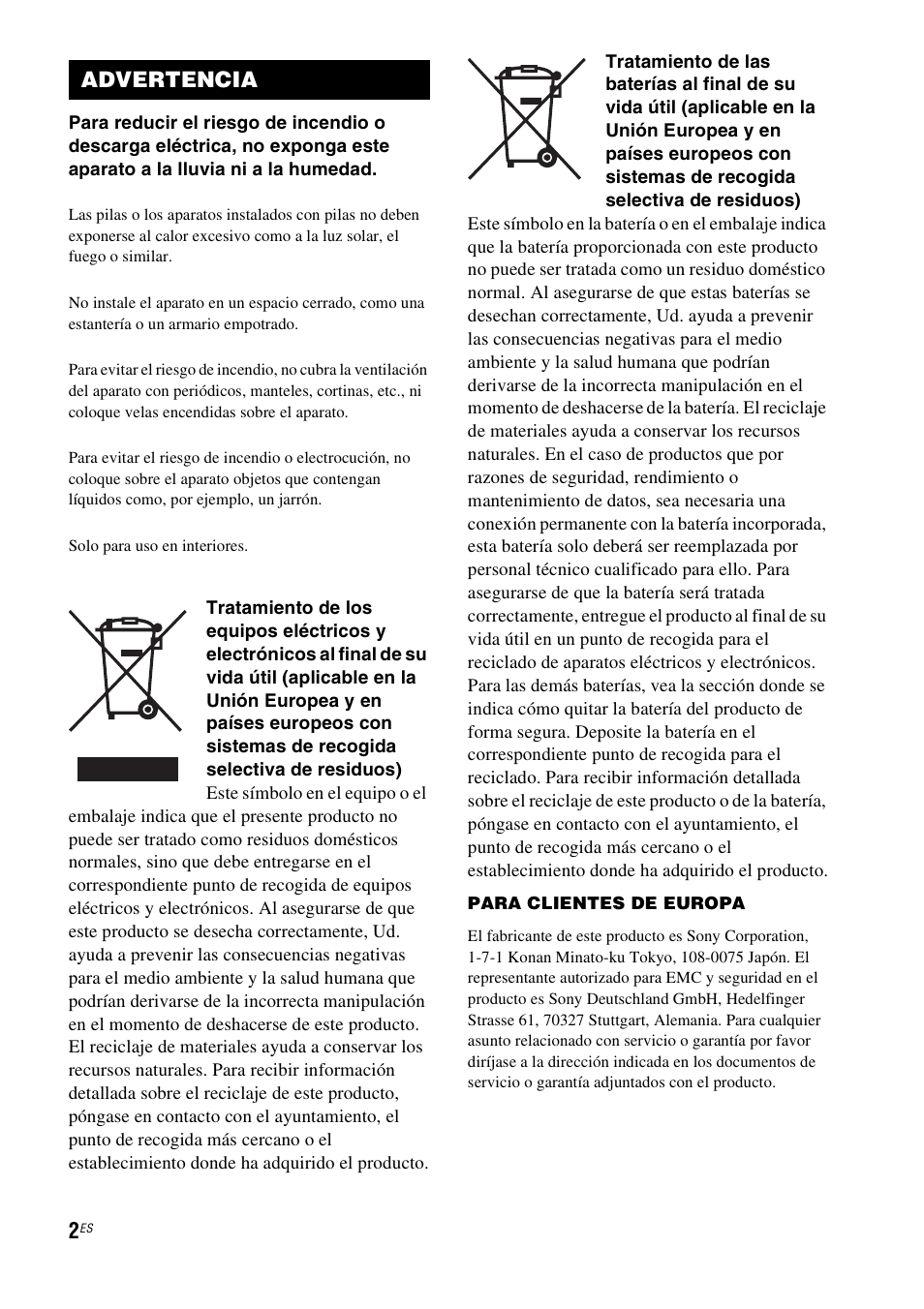 Advertencia | Sony HT-IS100 User Manual | Page 88 / 172