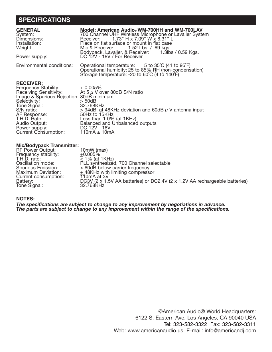 Specifications | American Audio WM-700HH User Manual | Page 11 / 11