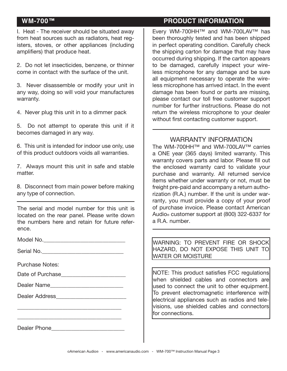 Warranty information, Wm-700™ product information | American Audio WM-700HH User Manual | Page 3 / 11