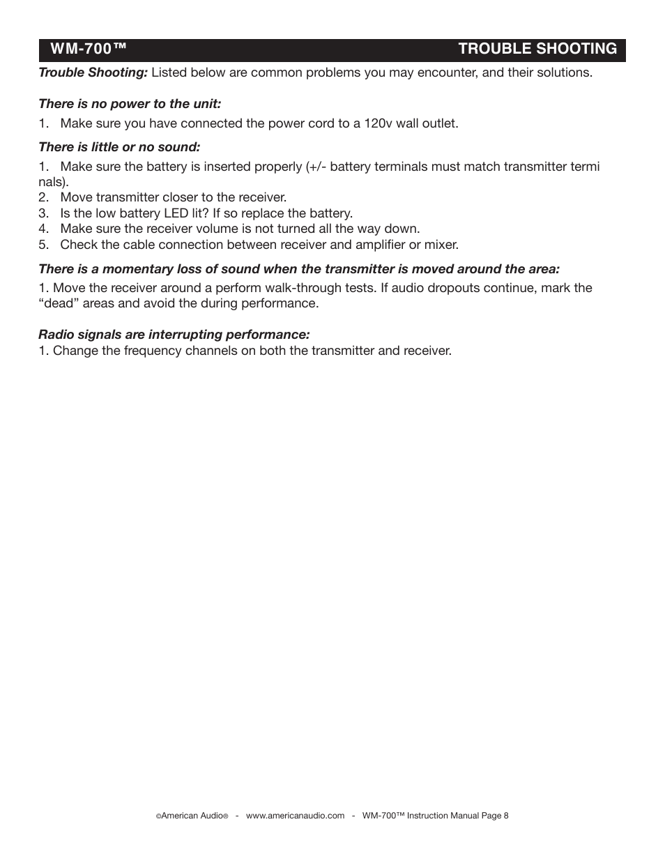Wm-700™ trouble shooting | American Audio WM-700HH User Manual | Page 9 / 11