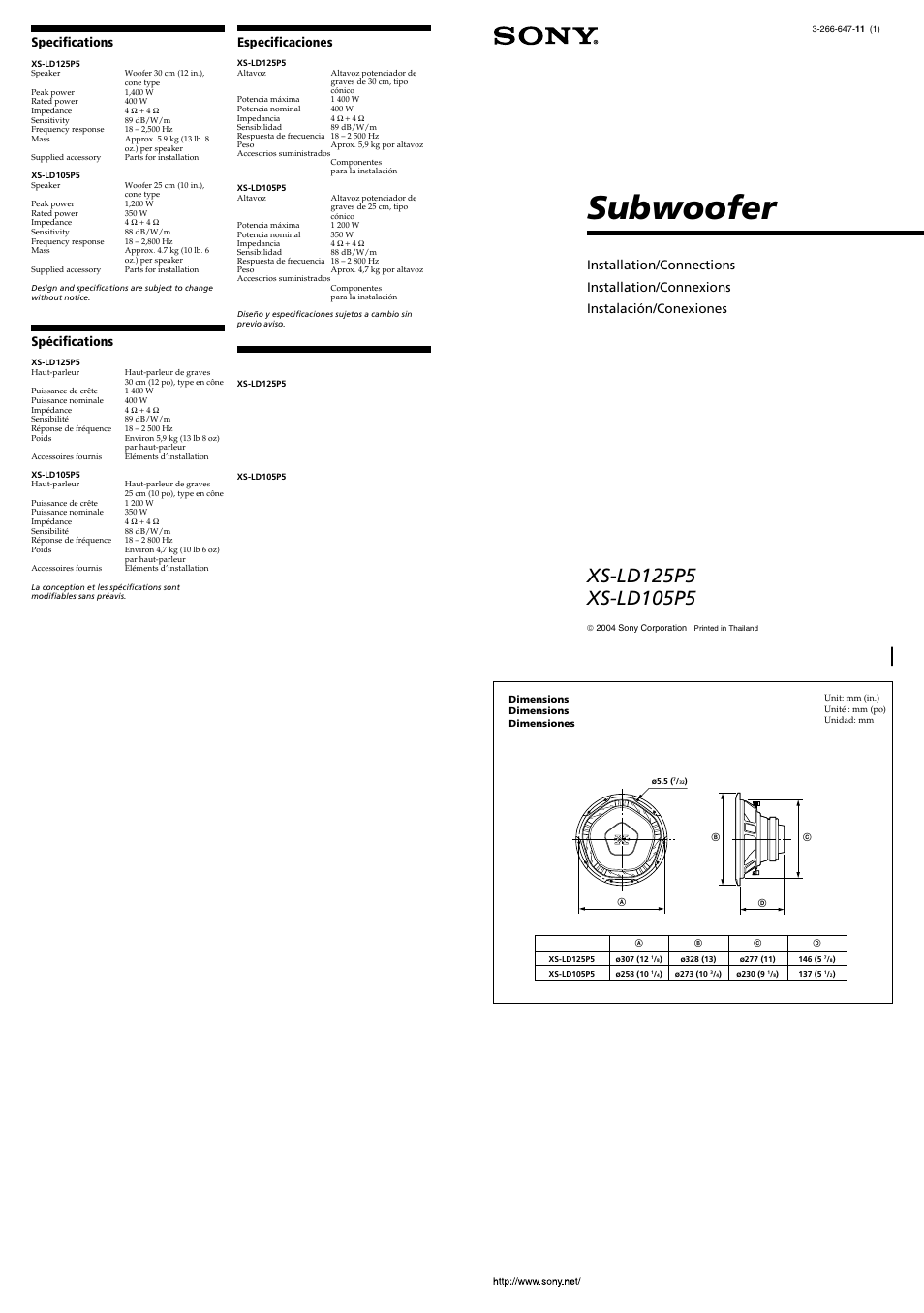 Sony XS-LD105P5 User Manual | 2 pages