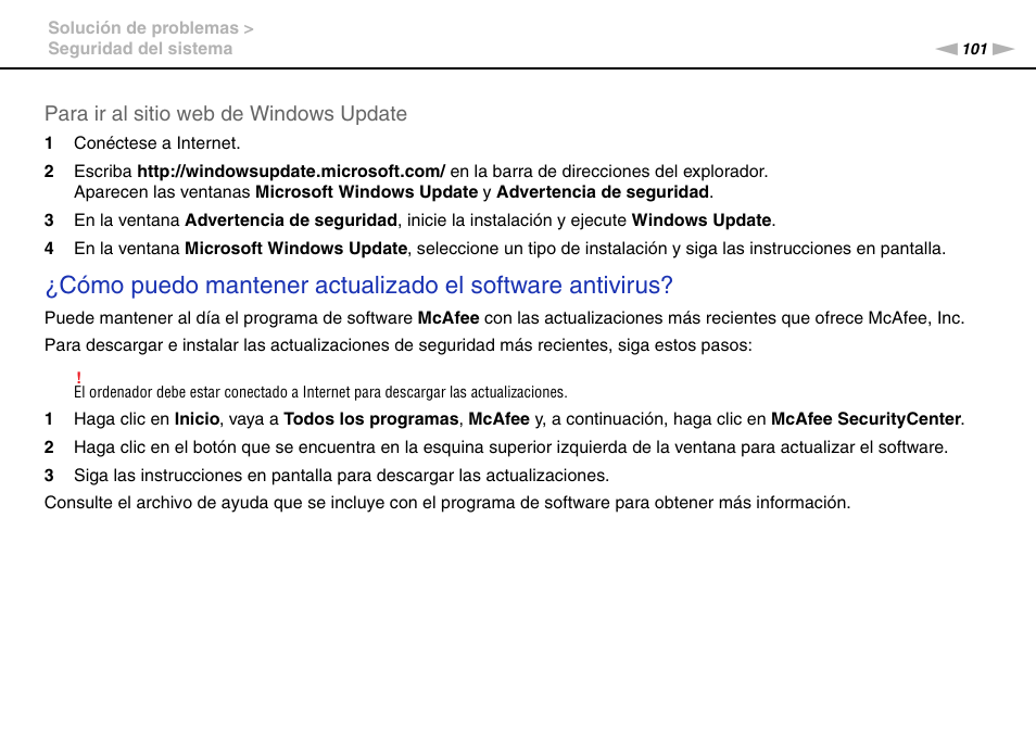 Para ir al sitio web de windows update | Sony VPCW11S1E User Manual | Page 101 / 127