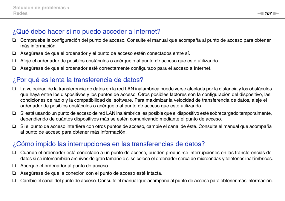 Qué debo hacer si no puedo acceder a internet, Por qué es lenta la transferencia de datos | Sony VPCW11S1E User Manual | Page 107 / 127