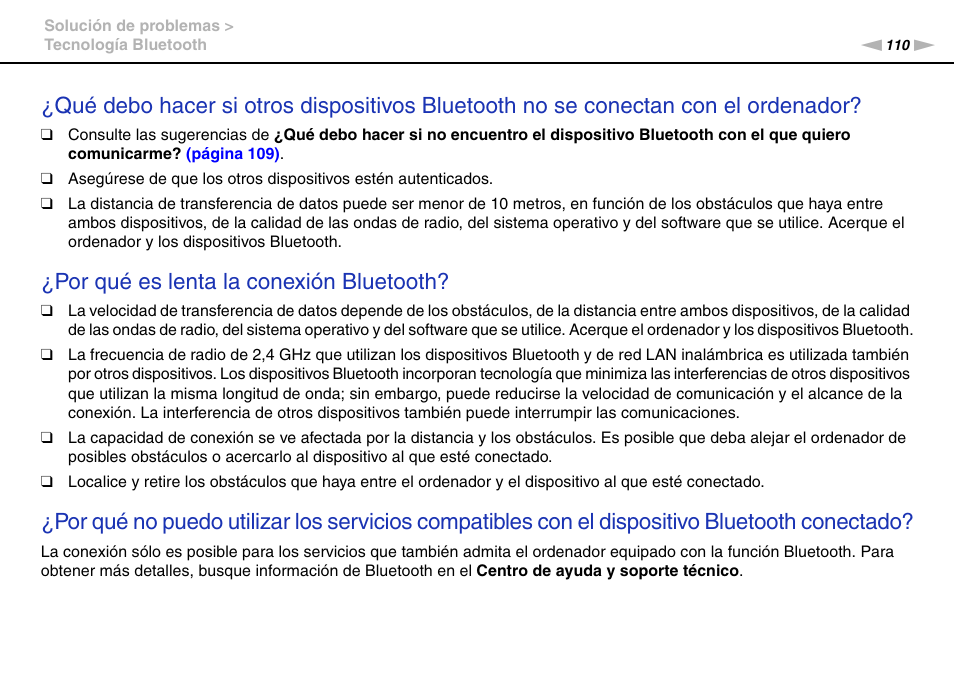 Por qué es lenta la conexión bluetooth | Sony VPCW11S1E User Manual | Page 110 / 127