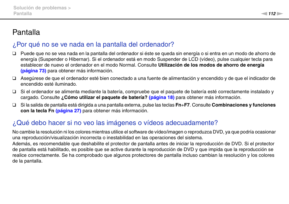 Pantalla, Por qué no se ve nada en la pantalla del ordenador | Sony VPCW11S1E User Manual | Page 112 / 127