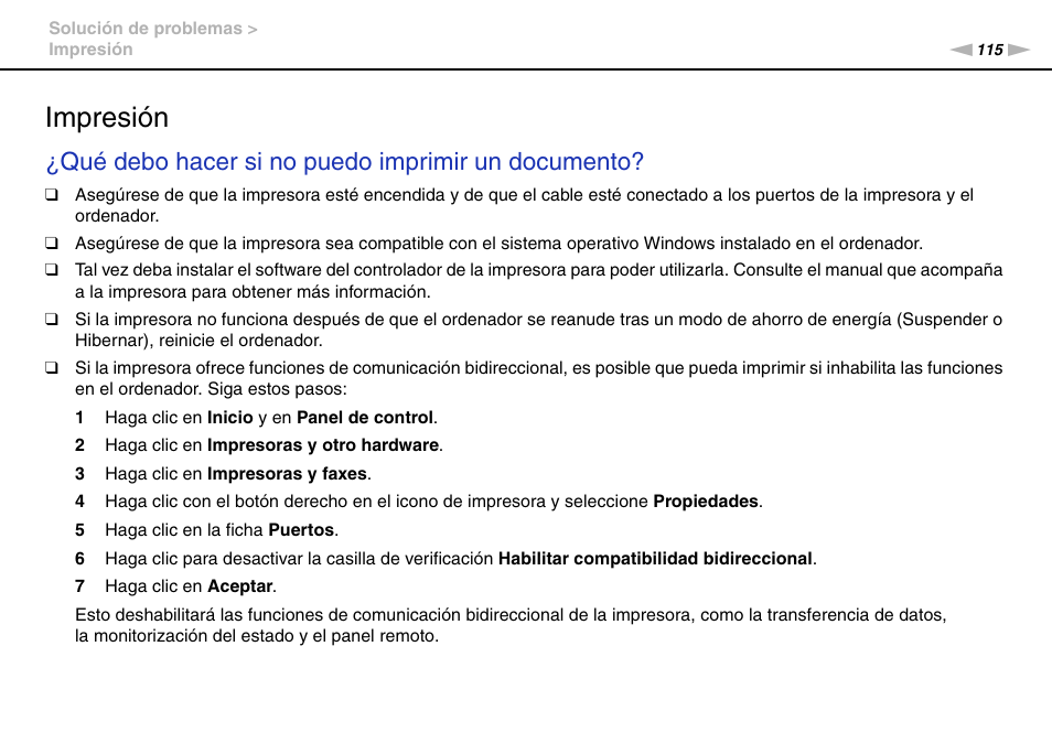 Impresión, Qué debo hacer si no puedo imprimir un documento | Sony VPCW11S1E User Manual | Page 115 / 127