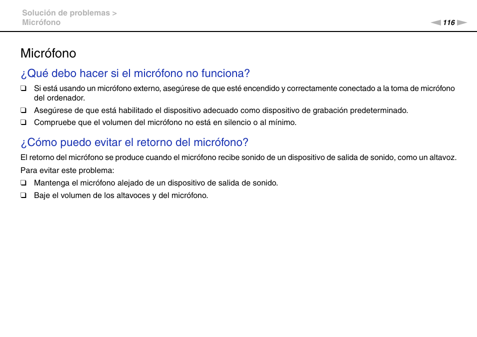 Micrófono, Qué debo hacer si el micrófono no funciona, Cómo puedo evitar el retorno del micrófono | Sony VPCW11S1E User Manual | Page 116 / 127