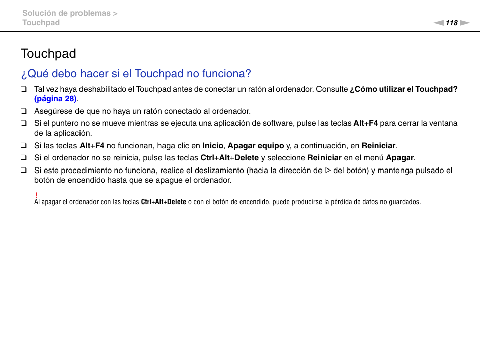 Touchpad, Qué debo hacer si el touchpad no funciona | Sony VPCW11S1E User Manual | Page 118 / 127