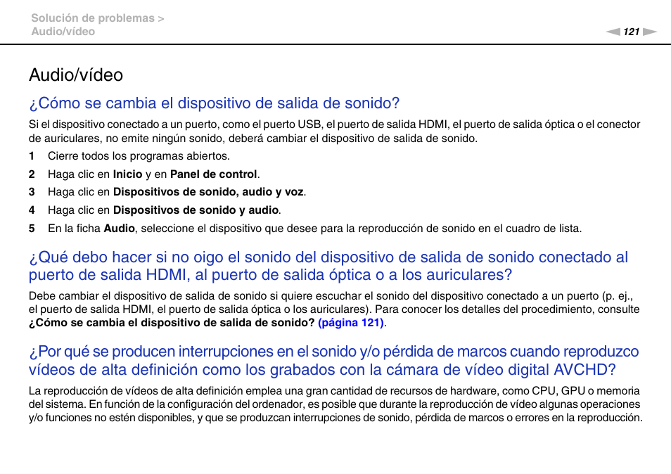 Audio/vídeo, Cómo se cambia el dispositivo de salida de sonido | Sony VPCW11S1E User Manual | Page 121 / 127